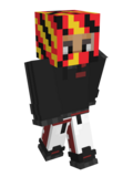 Ponk's Minecraft skin. He has darker skin, darker eyes, and white coily hair. They wear a baggy black sweatshirt, white sweatpants with red seams, and black hightop sneakers. On his head, he wears his signature red, yellow, and black camo ski mask. Only their eyes can be seen through the mask.